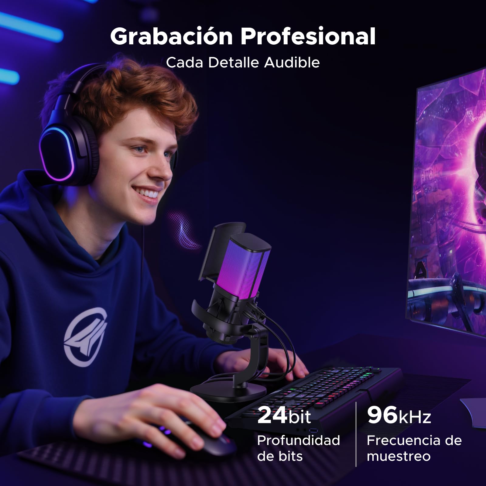 UGREEN Micrófono para Juegos USB con Efectos de Iluminación RGB | 96 KHz 24 Bits Reducción de Ruido DSP Para Grabación Juegos Transmisión en Vivo Podcasts Compatible con PS5 PS4 Portátiles