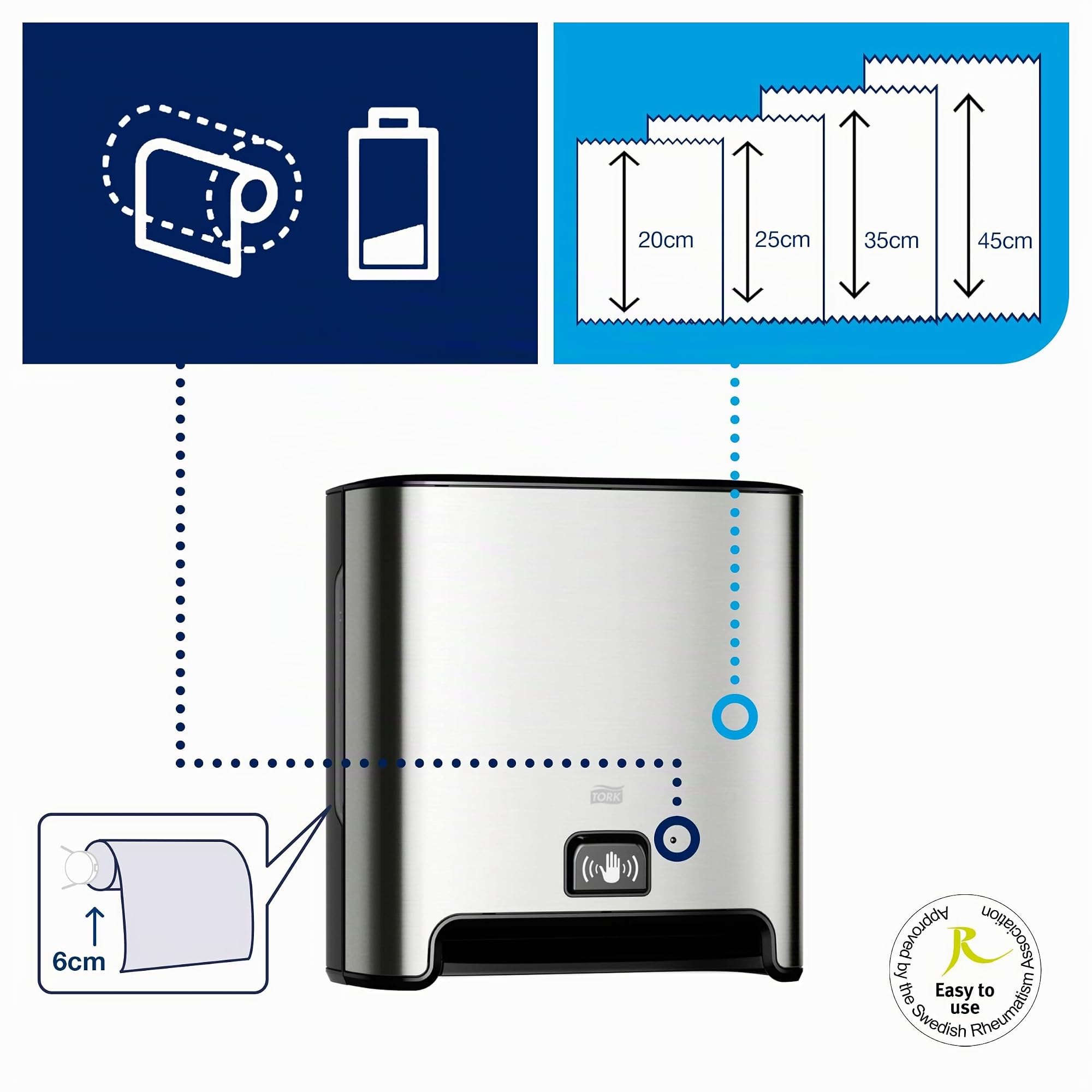 Tork Matic Sensor Dispenser per asciugamani di carta 460001 - H1 Dispenser per rotoli di carta, dispenser per asciugamani singoli, indicatore di livello, acciaio inossidabile spazzolato.