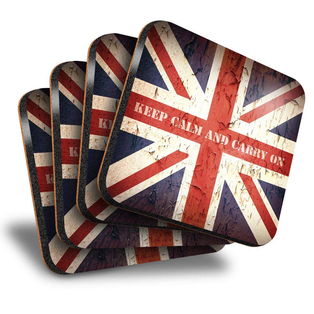 Destination Vinyl Ltd Multicolor Great Coasters (Set Of 4) Square - Keep Calm Carry On Britain Drink Glossy Coasters/Tabletop Protection For Any Table Type #14515