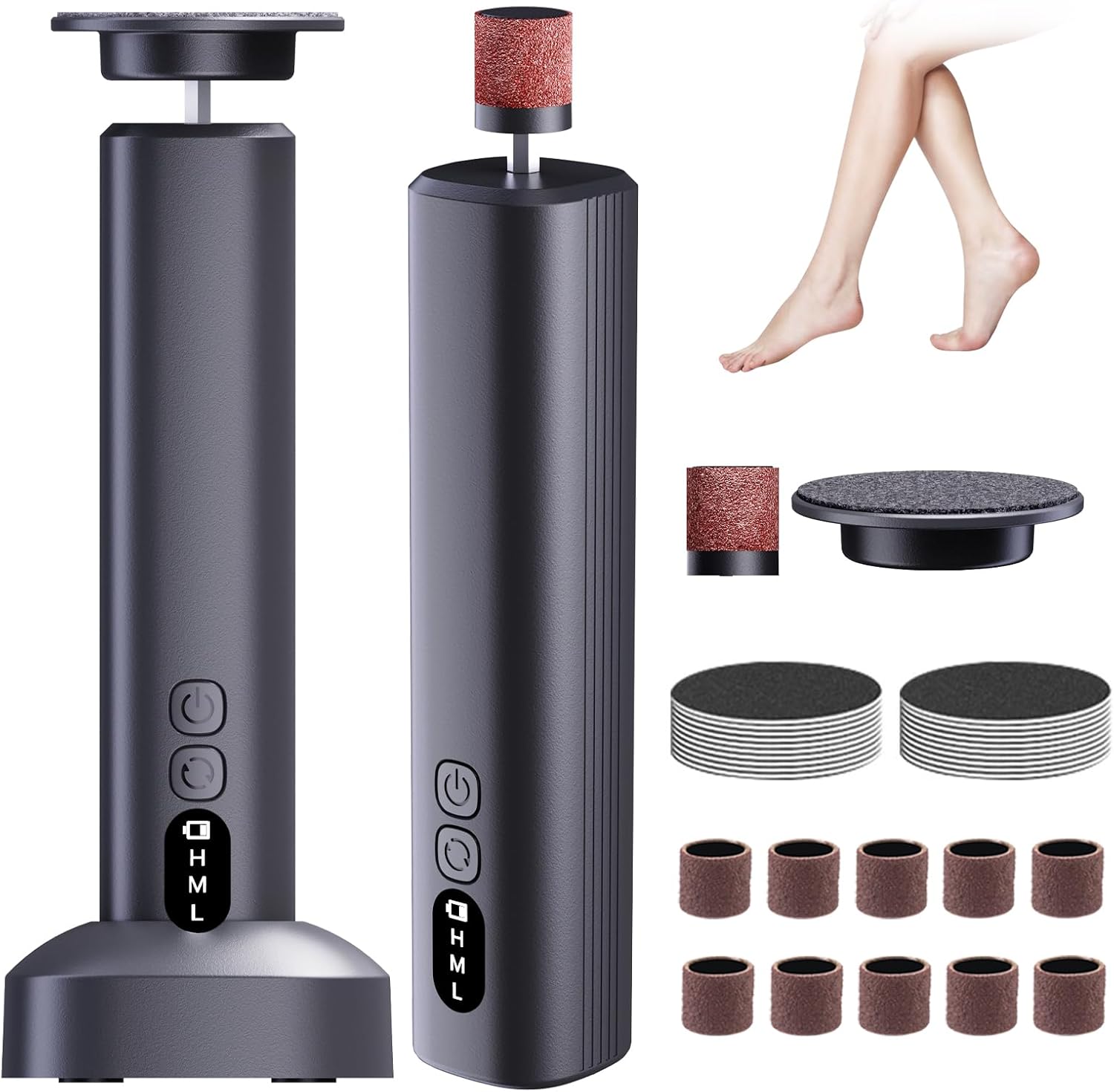 Electric Foot Callus Remover,FyndAna 2in 1 Rechargeable Foot File for Feet & Hand,6 Speeds with Sandpaper,Sanding Ring and Base,Wireless Foot Care Kit for Dead Skin and Calluses,Black