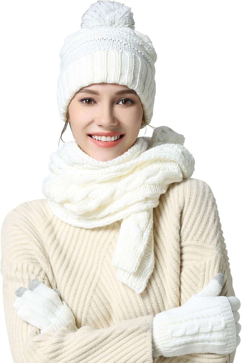 Warm Scarf Glove Hat Beanie Set - Cable Knit Winter Gift Set Pom Cap Touch Screen Glove Long Scarf 3 PCS Set for Women
