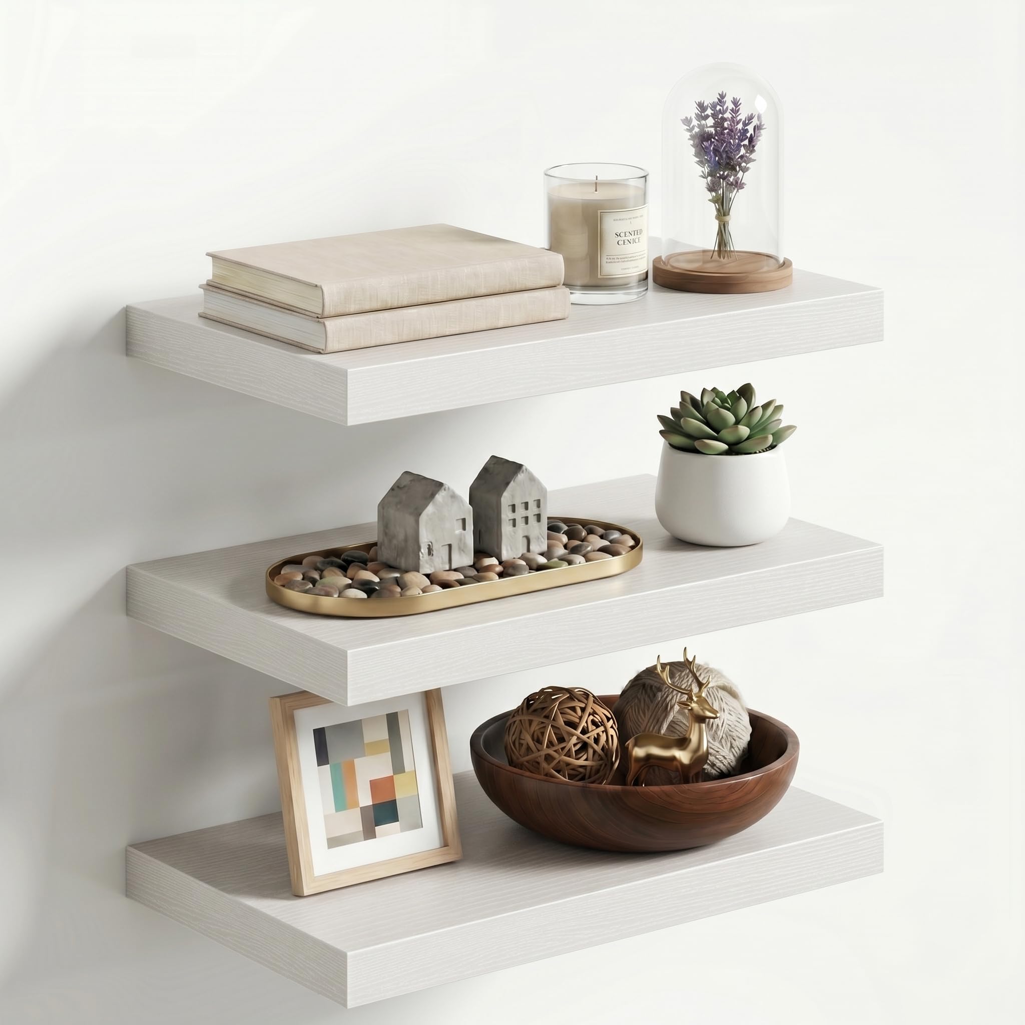 Fun Memories 20 x 12 Inch Deep Floating Shelves, 12 Inch Deep Rustic Wooden Wall Shelves, Extra Deep &amp; Heavy Duty Hanging Shelves for Living Room,Bedroom, Bathroom, Set of 3 (White)
