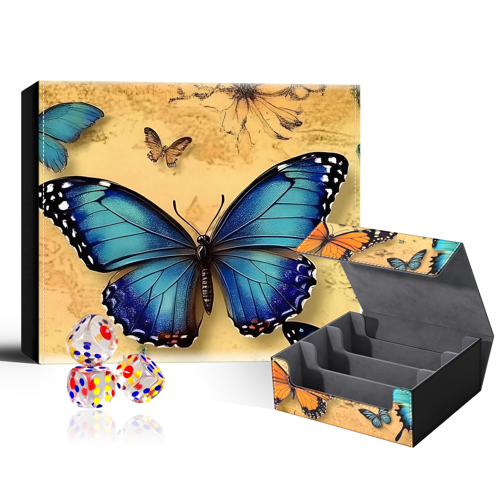 VOGDMKJG Trading Card Deck Box Fit 1800+ Single Sleeved Cards,PU Leather Magnetic Closure Card Storage Box With 3 Dice For MTG/TCG/PTCG/Magic/Sport Card Storage Case Large 3 ROW Design Butterflies