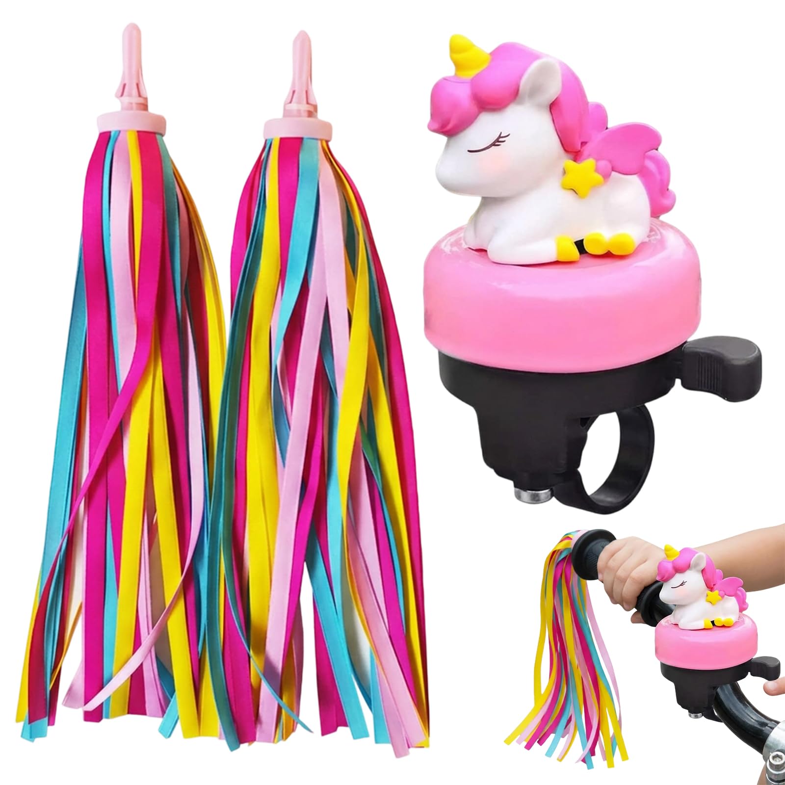 Kids Bike Accessories, 2-Piece Set with Unicorn Bike Bell and Scooter Streamers for Children, Ideal for Girls' Bicycles and Micro Scooters, Compact Size 10 x 5 cm