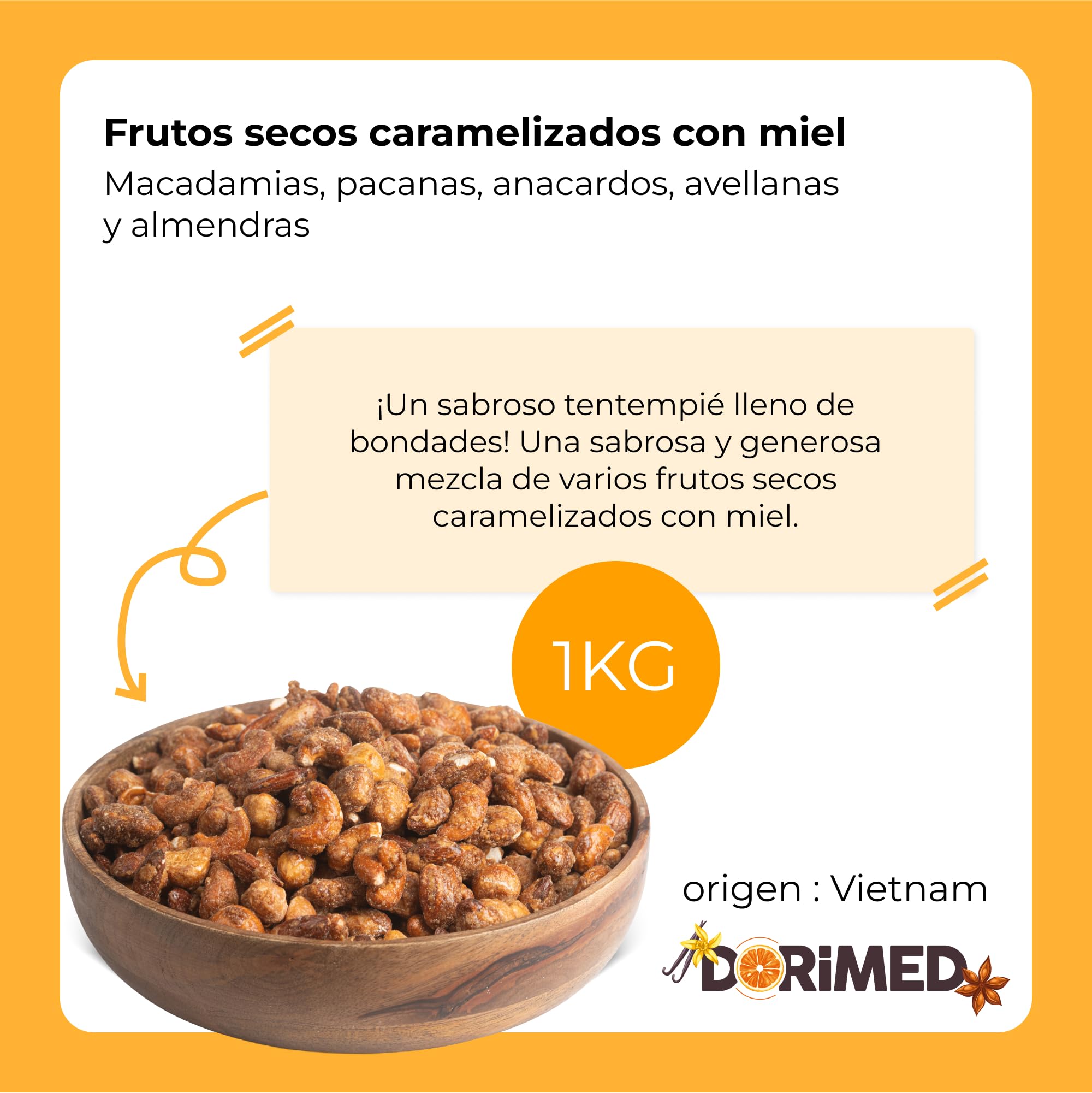 Mezcla de Frutos Secos 1Kg Caramelizadas con Miel Macadamia Pacanas Anacardos Avellanas Almendras Snack Dulce Sin OGM Sin Gluten Vegano
