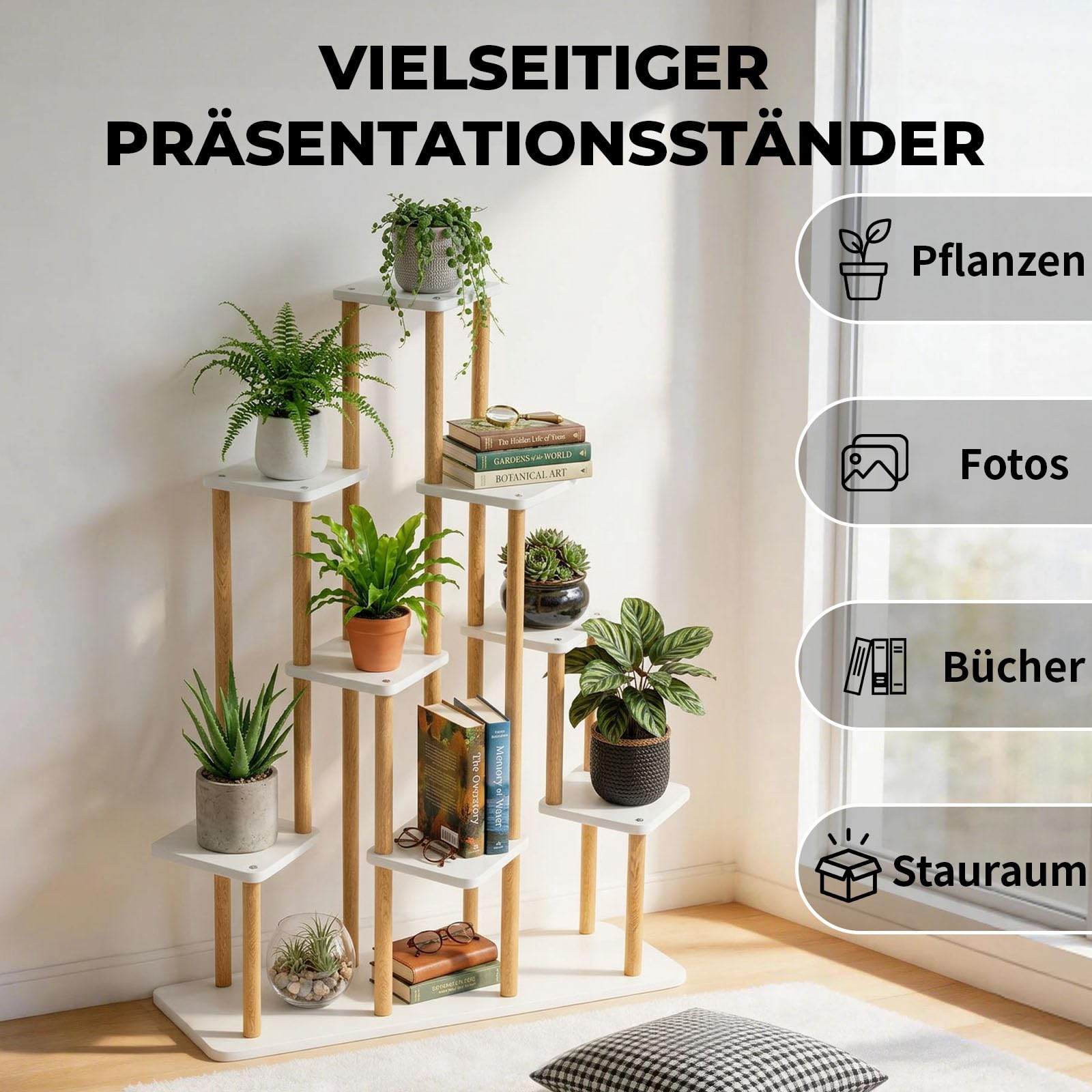 9 Ebenen Blumenständer Pflanzenständer, Mehrstöckig Hölzern Pflanzen | Display Regal Dekoration, Platzsparendes Pflanzenregal für Wohnzimmer, Balkon und Garten
