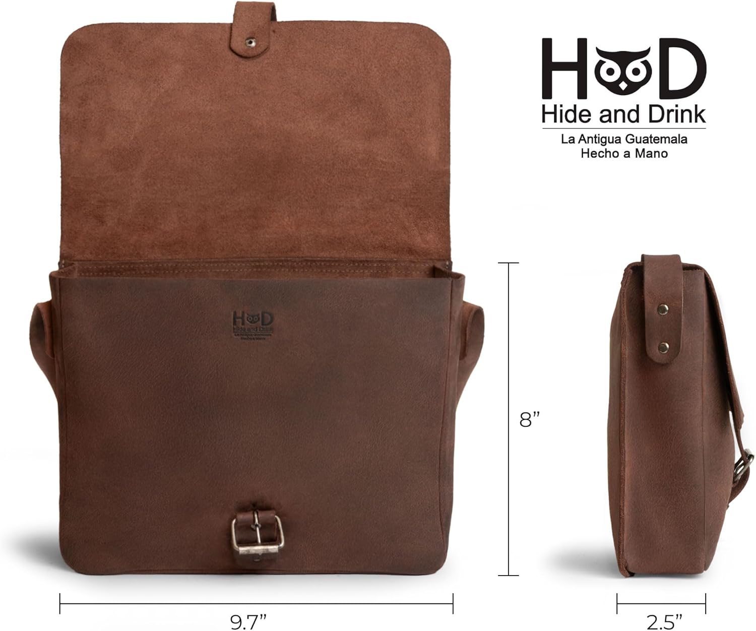 Hide & Drink, Small Messenger Bag, Rectangular Bag with Adjustable Shoulder Strap, Crossbody Bag, Travel Accessory, Full Grain Leather, Handmade, Bourbon Brown