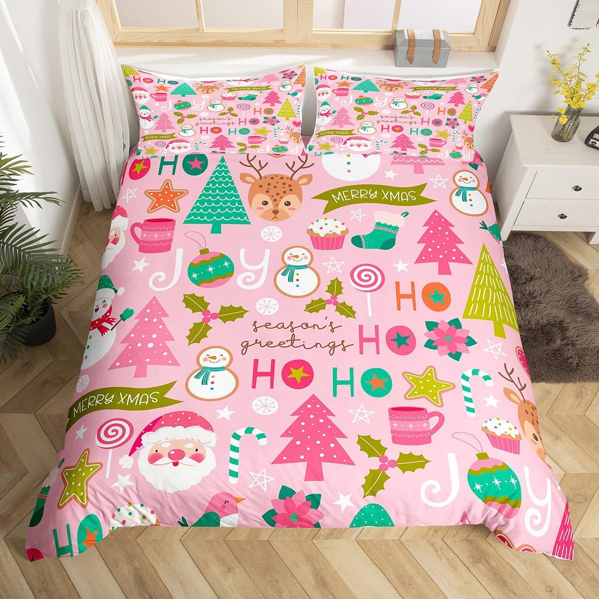 Erosebridal Pink Christmas Duvet Cover, Cartoon Santa Claus Bedding Set Full Size for Kids Boys Girls Women, Snowman Pine Comforter Cover Christmas Tree Cute Deer Quilt Cover Xmas Decor,2 Pillowcases