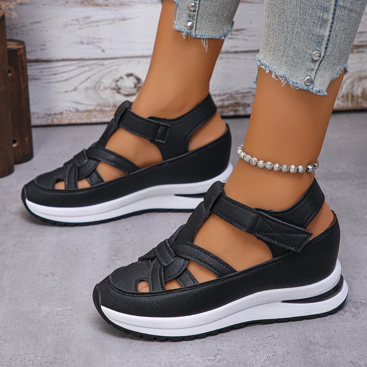 Sandalias de cuña de plataforma transpirables para mujer, sandalias de puntera cerrada, sandalias de verano para pescador, zapatos de cuña