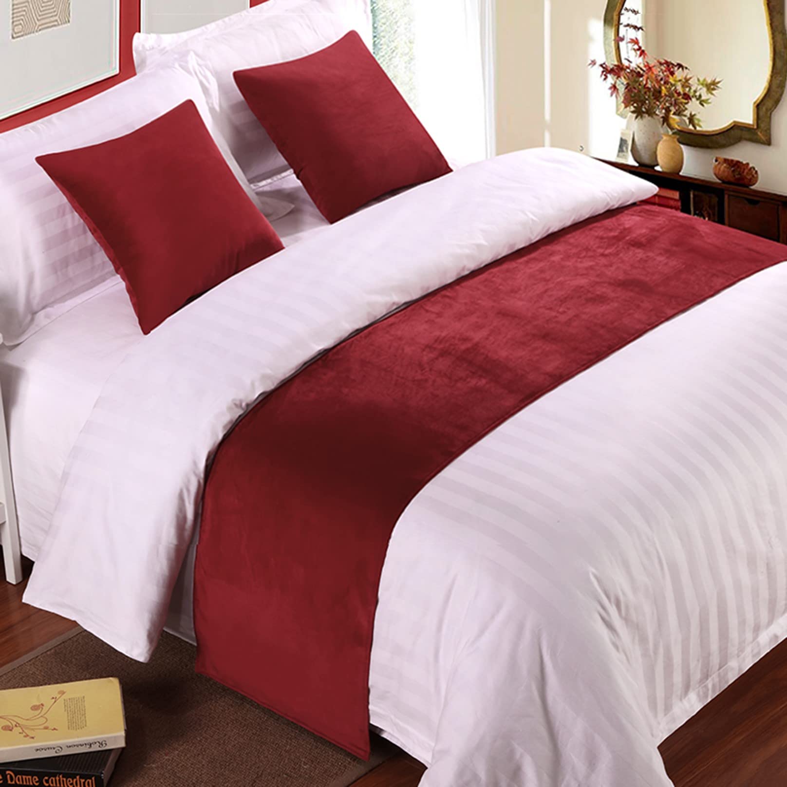 HLASMSPE Bed Runner Single Soft Velvet Decor Bedding Cover Red Luxury Bedspread Bed Runner for Foot of Bed Bed Scarf Bed End Towel for Hotel Bedroom Wedding Room, 180x50cm