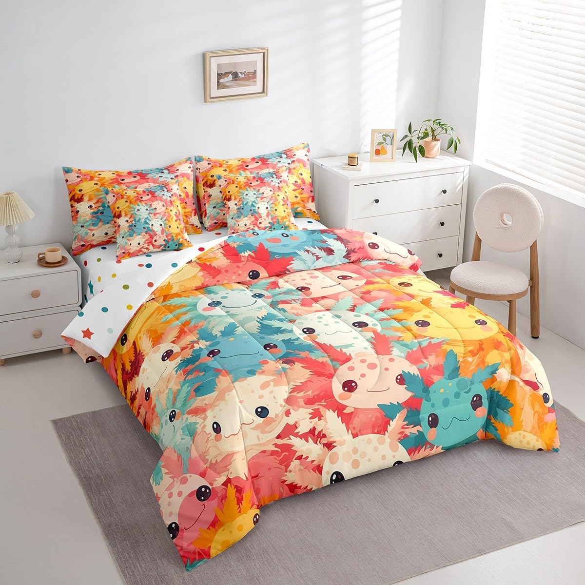 Feelyou Kids Cute Axolotl Bed in a Bag Colorful Cartoon Salamander 7 Piece Bedding Set Full Size for Boys Girls Kawaii Axolotl Comforter Set with Sheets Ocean Axolotl Bed Set