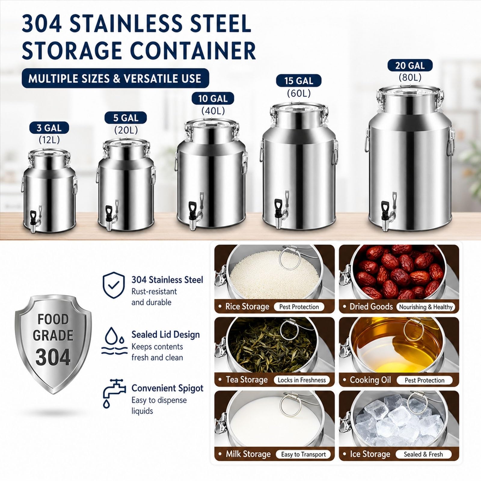 Cántaro de Leche de Acero Inoxidable 304 con Grifo, Cubo Contenedor de Alimentos con Tapa Hermética Antifugas para Almacenamiento de Vino Aceite Agua en Cocina