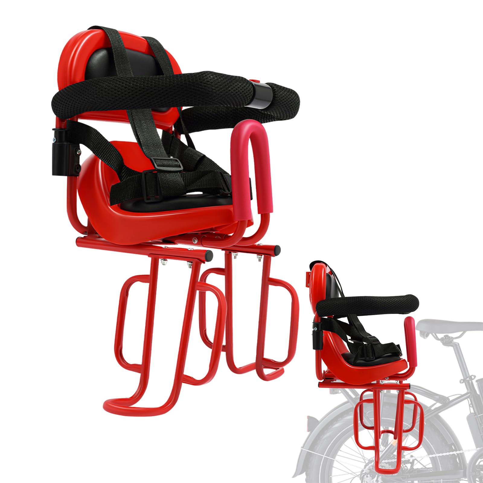 Seggiolino per bicicletta posteriore per bambini, con ringhiera a forma di U e cintura a 4 punti, da 6 mesi a 6 anni, adatto per la maggior parte delle biciclette (rosso)