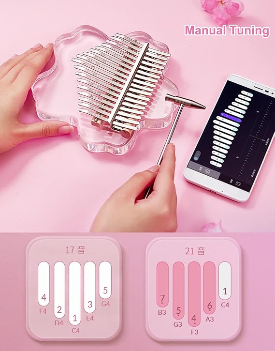 BOTOWI 21 Keys Clear Kalimba Thumb Piano Full Kit, Sakura Shape Transparent Crystal Kalimba 17 Key with EVA Protective Case, Professional Musical Instruments for Kid Adult Beginners,pink 17 keys