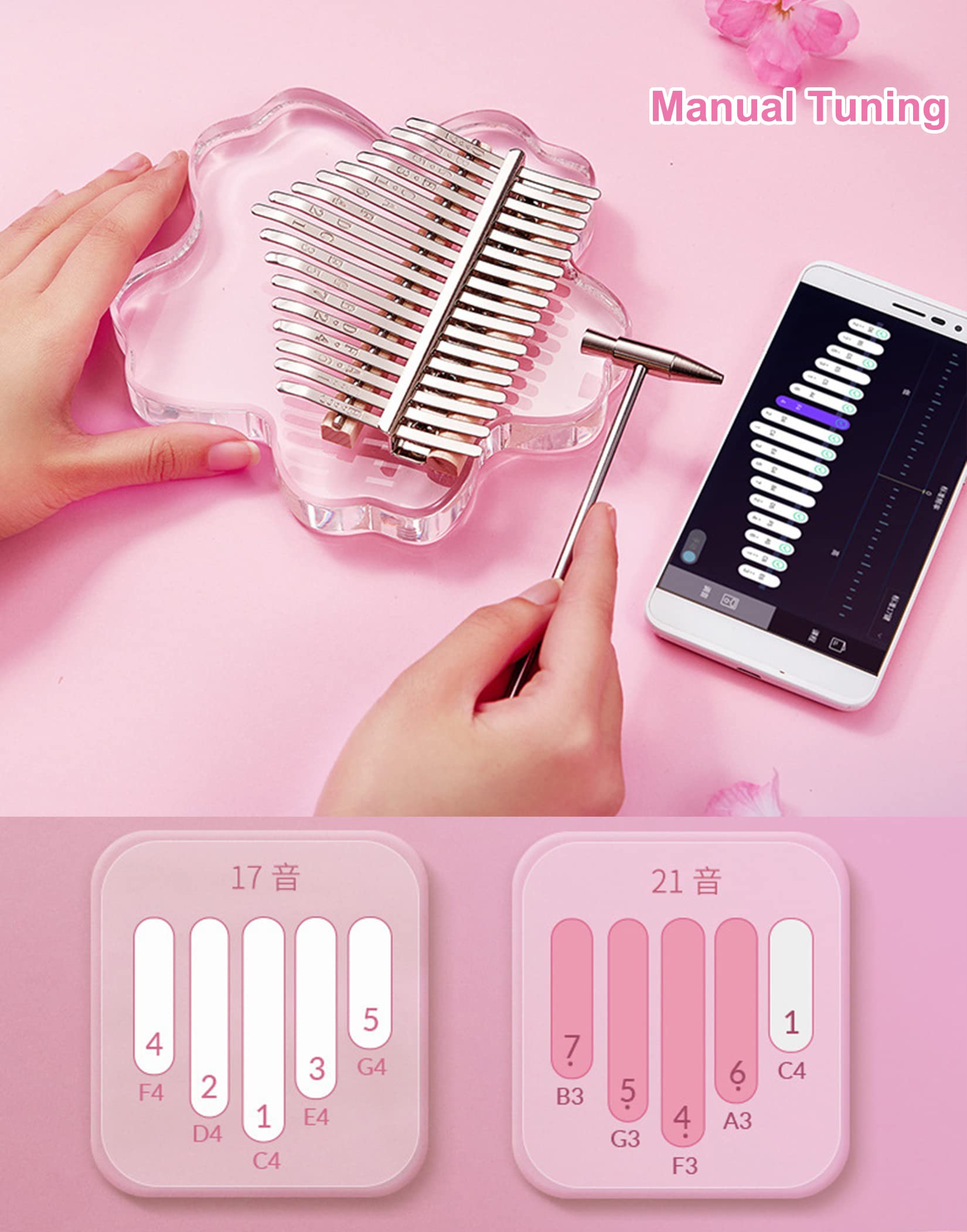Sakura Shape Transparent Crystal Kalimba 17 Key Daumenklavier Komplettpaket mit EVA-Schutzhülle