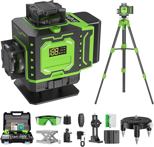 Niveau Laser Chantier Autonivelant 360° x 4 Avec trépied, Lazer Niveaux 4D 16 Lignes Laser, Mode Impulsion ExtéRieur, 2 x Batterie, Nivellement Automatique, Support Rotatif, Télécommande - 1