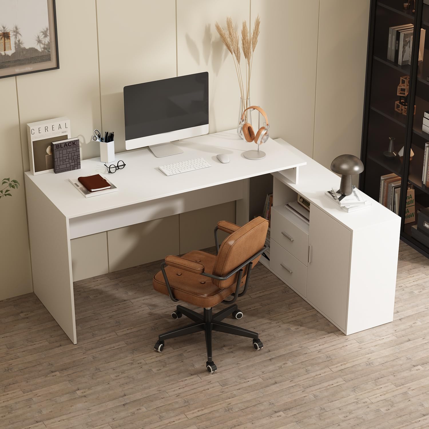 FUNISIR Corner Computer Desk L Shaped with Reversible File Cabinet, Large Writing Table for Home Office with Shelves & 2 Drawers, Convertible Office