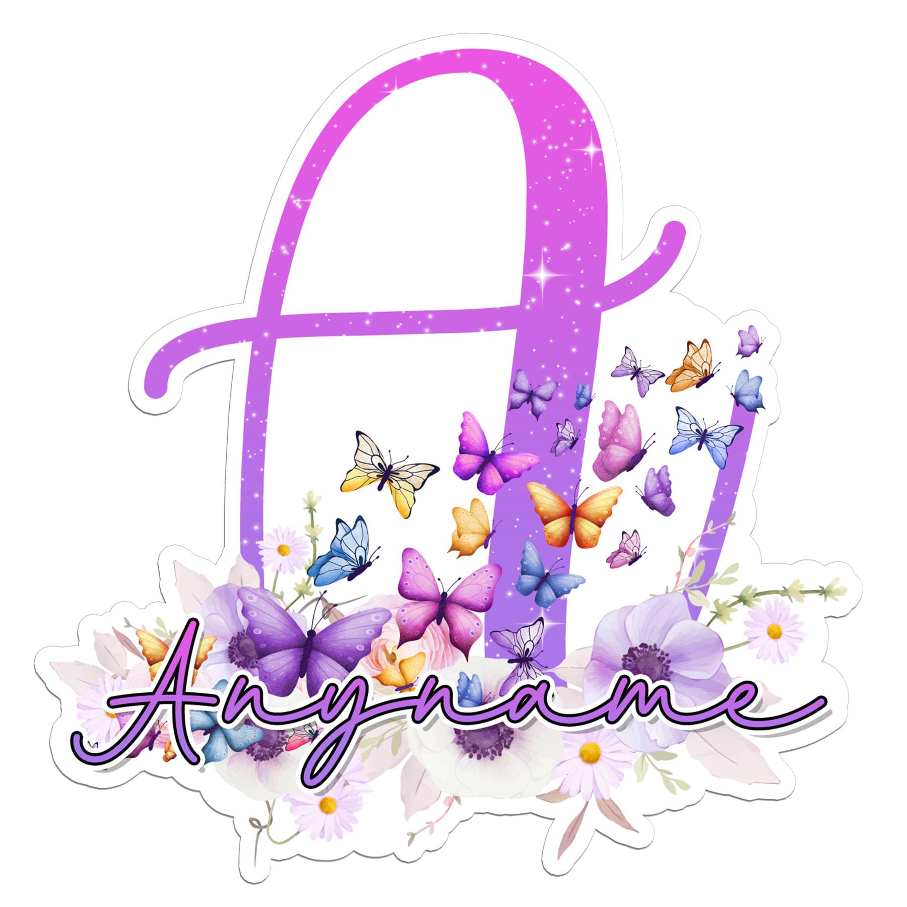 Custom Initial Sticker Personalized Glitter Sparkle Butterflies Flower Stickers Waterproof Vinyl Decal for Water Bottles Tumbler Laptop Hard Hat Car