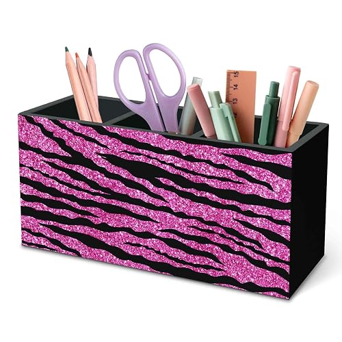 DILSJ Hot Pink Zebra Print Pen Pencil Holder Organizer for Desk, Mcbling Room Decor, Y2k Decor Mcbling Wooden Box Signs for Home Office Desk Tabletop Decoration