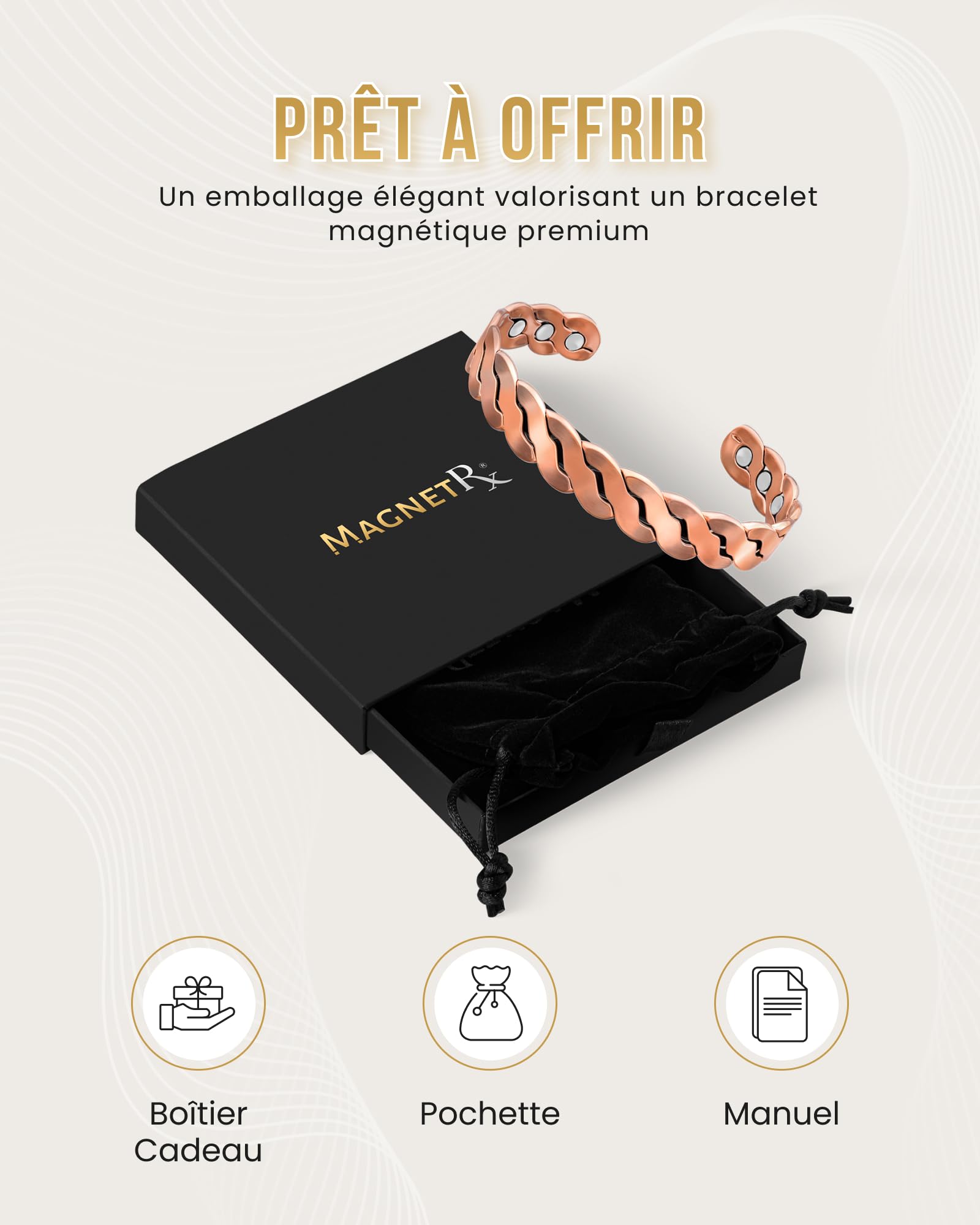 MagnetRX® bracelet cuivre homme et bracelet en cuivre femme – 6 aimants puissants (3500 GAUSS par aimant) – Bijou aimanté pur – Manchette réglable (Argent brossé | Moyen - Grand)