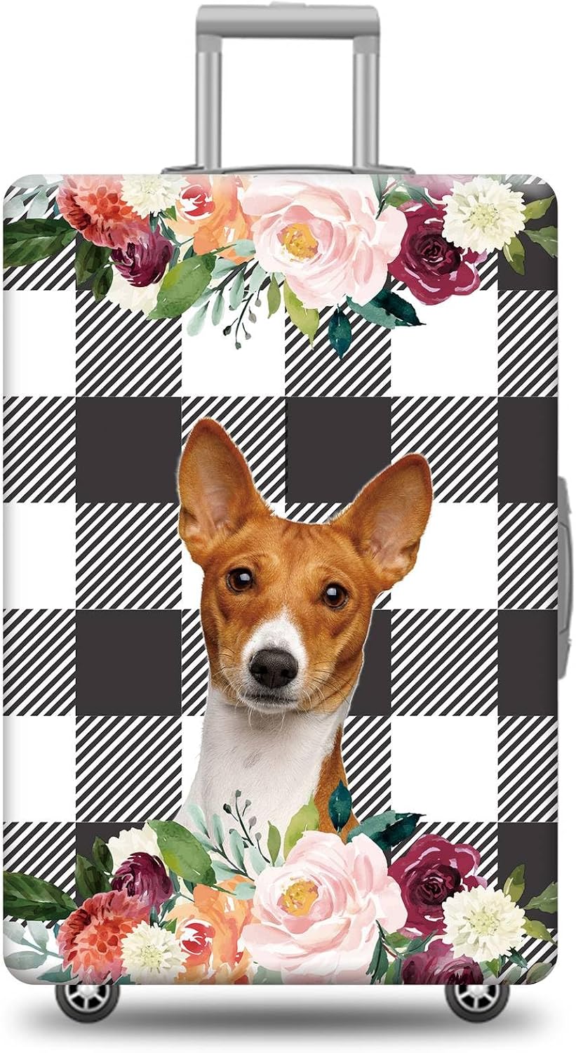 Beautiful Flowers with Basenji Travel Luggage Cover Cute Dog Pet Animal Buffalo Check Plaid Suticase Cover Fit 22-24 Inch Baggage Protector Washable Elastic