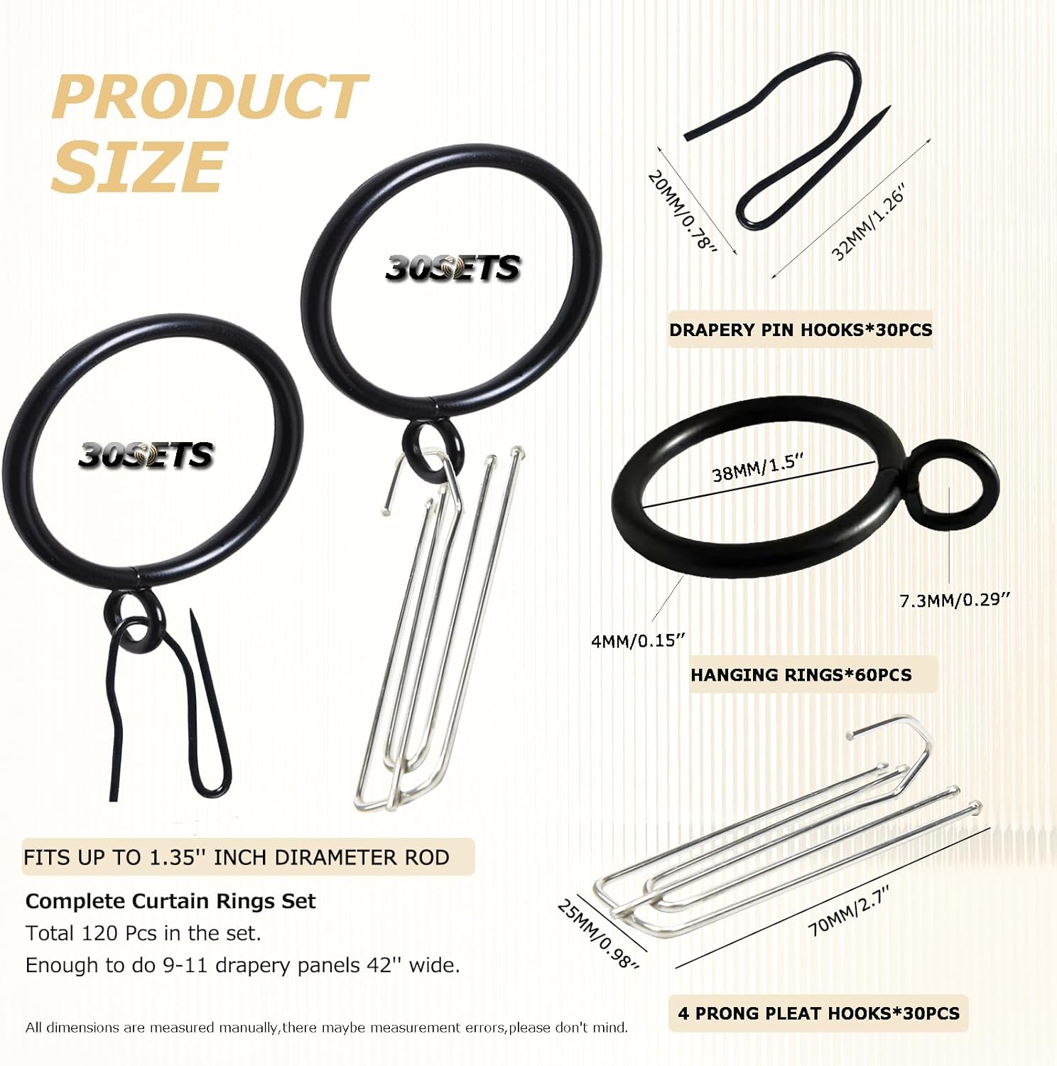 120PCS Stainless 4 Prongs Pinch Pleat Drapery Hooks and Metal Pin Hooks with 1.5in Rod Rings with Eyelets Only for Pinch Pleat Curtain for Door Bathroom Dining Room Heavy Duty Pleated Drapes