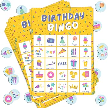 Markt Birthday Party Games for Kids, Birthday Bingo Game, Kids Party Games, Kid Bingo Game Decorations, Activities and Supplies for Girls or Boys Yellow