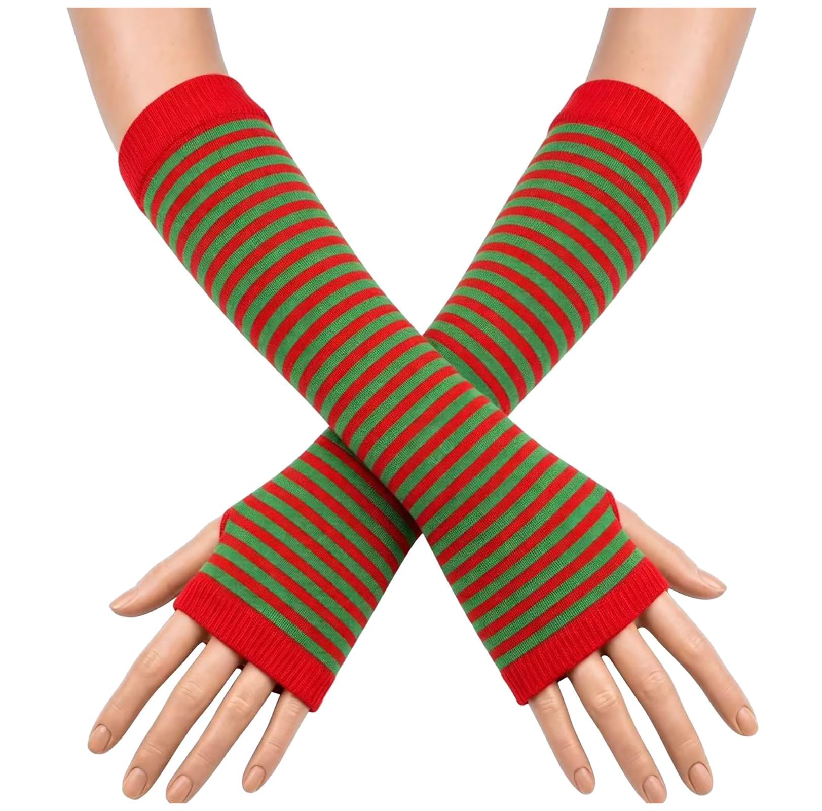 Leryavow Striped Punk Gothic Rock Long Arm Warmer Fingerless Gloves X Red Green