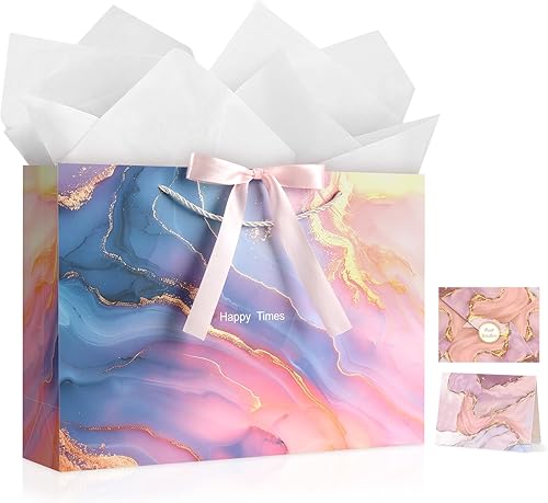 Miniatura 9 de JMANNI Bolsas de regalo, 3 piezas de tamaño mediano con cinta de lazo, bolsa de regalo de papel portátil, patrón de mármol, para cualquier ocasión