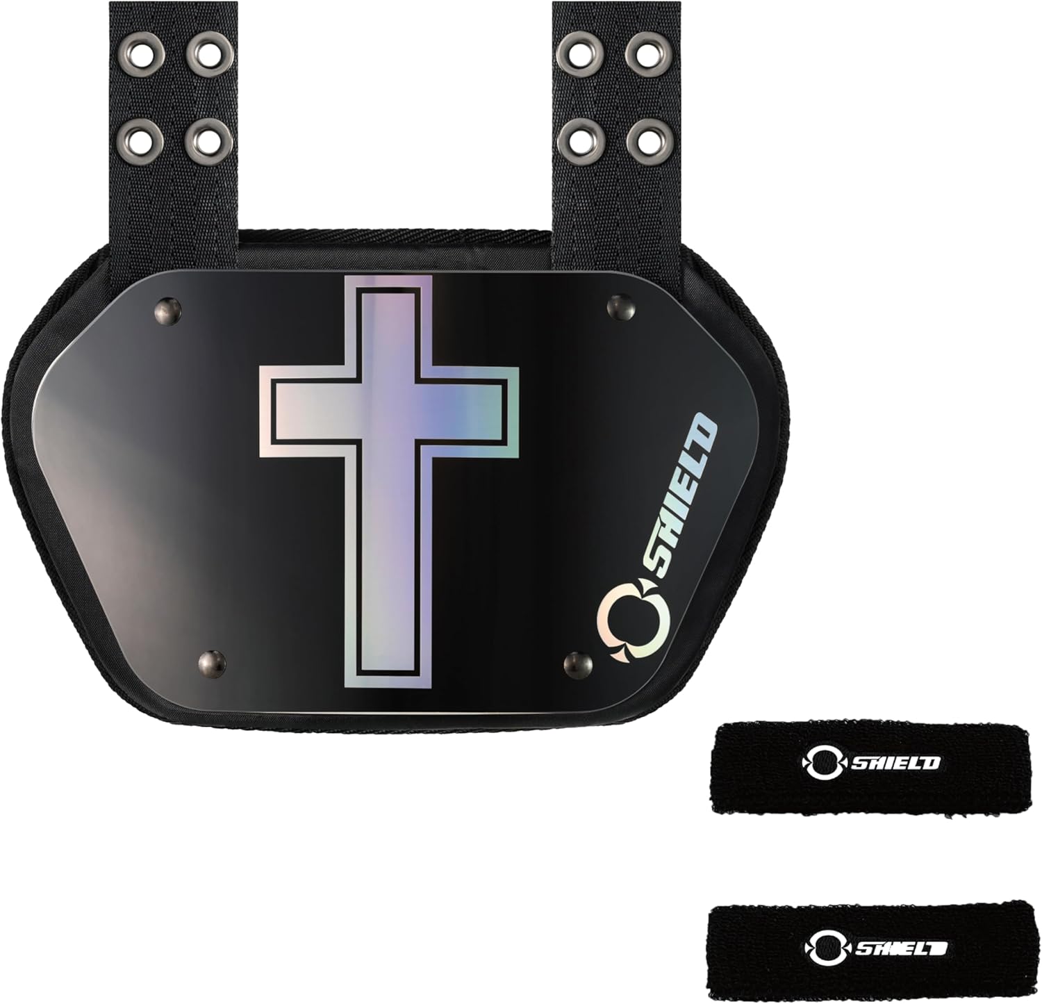 O Shield Holy Cross Football Backplate with Black Sports Arm Band, Backplate Football with Bicep Band, Sold by Package