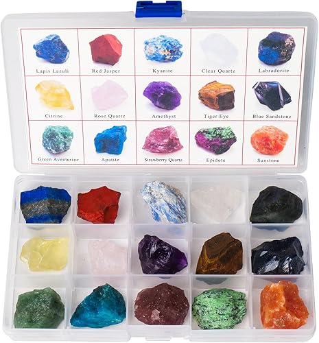 Apengshi Juego de 15 piedras naturales crudas en bruto, lapislázuli, amatista, piedra solar, cristal curativo, muestra mineral, caja de regalo,