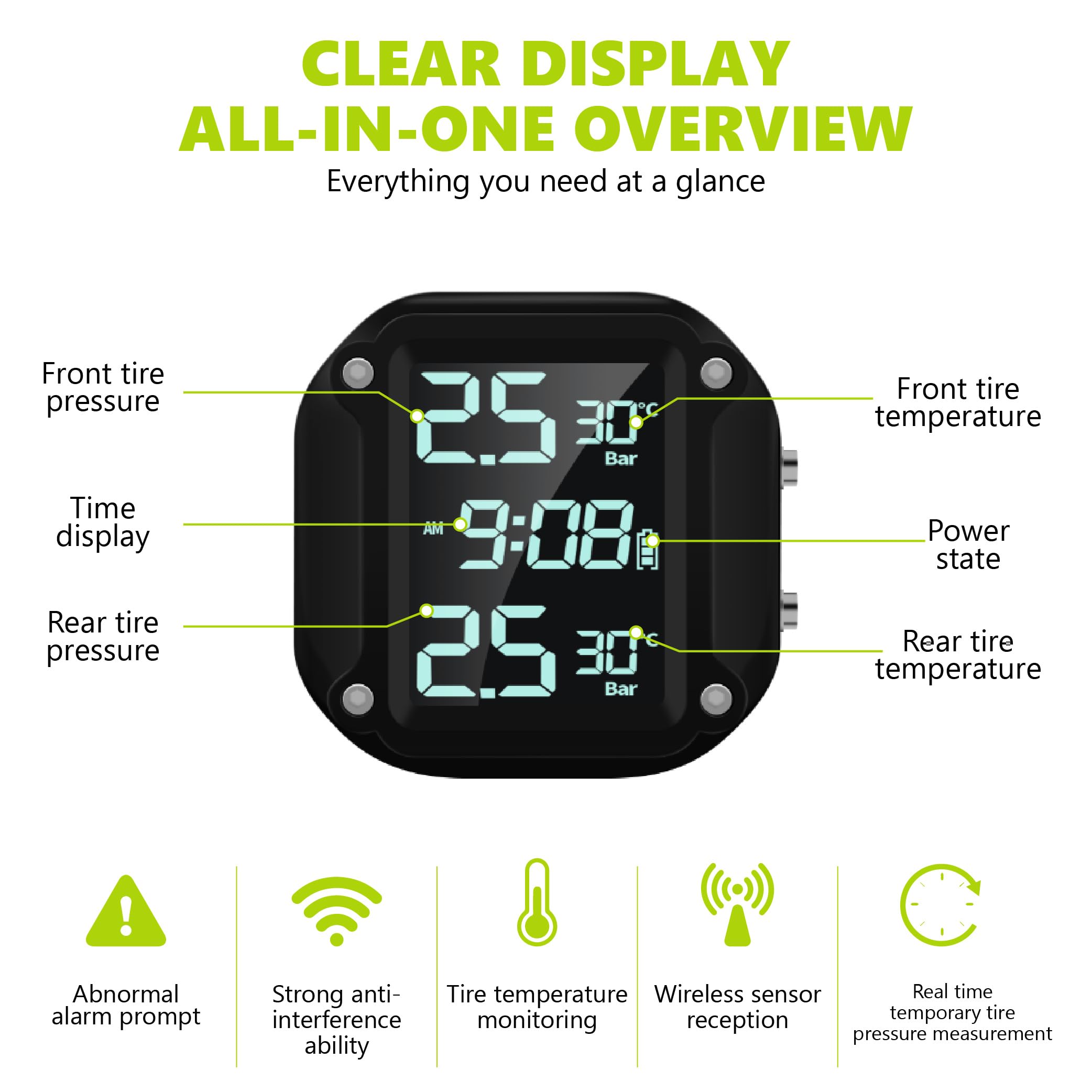 JUZELY Tpms Moto per Kawasaki KLX 230 2020-2025, Monitoraggio Tempo Reale Ricarica Magnetica Display LCD Impermeabile Facile Installazione