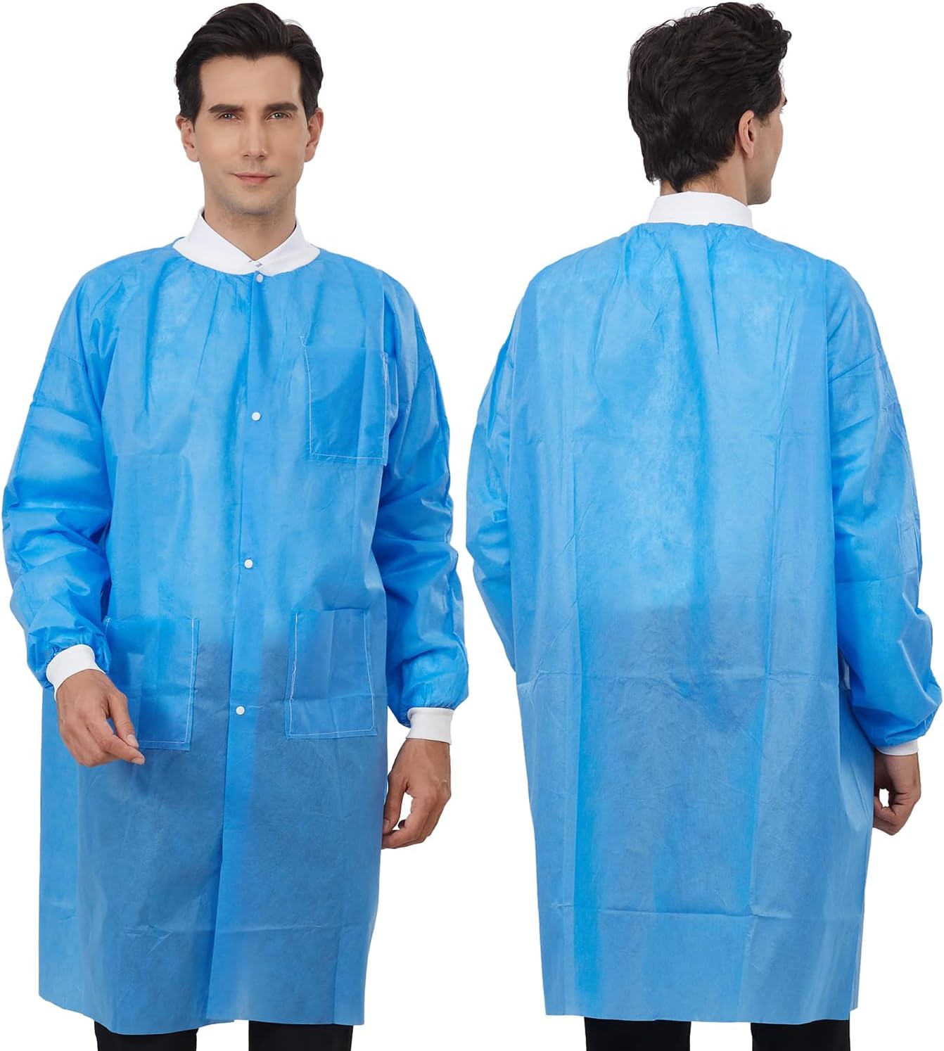 Disposable Lab Coats with Pockets for Adult Blue SMS Knee Length Knitted Collar and Cuffs 10 Pack