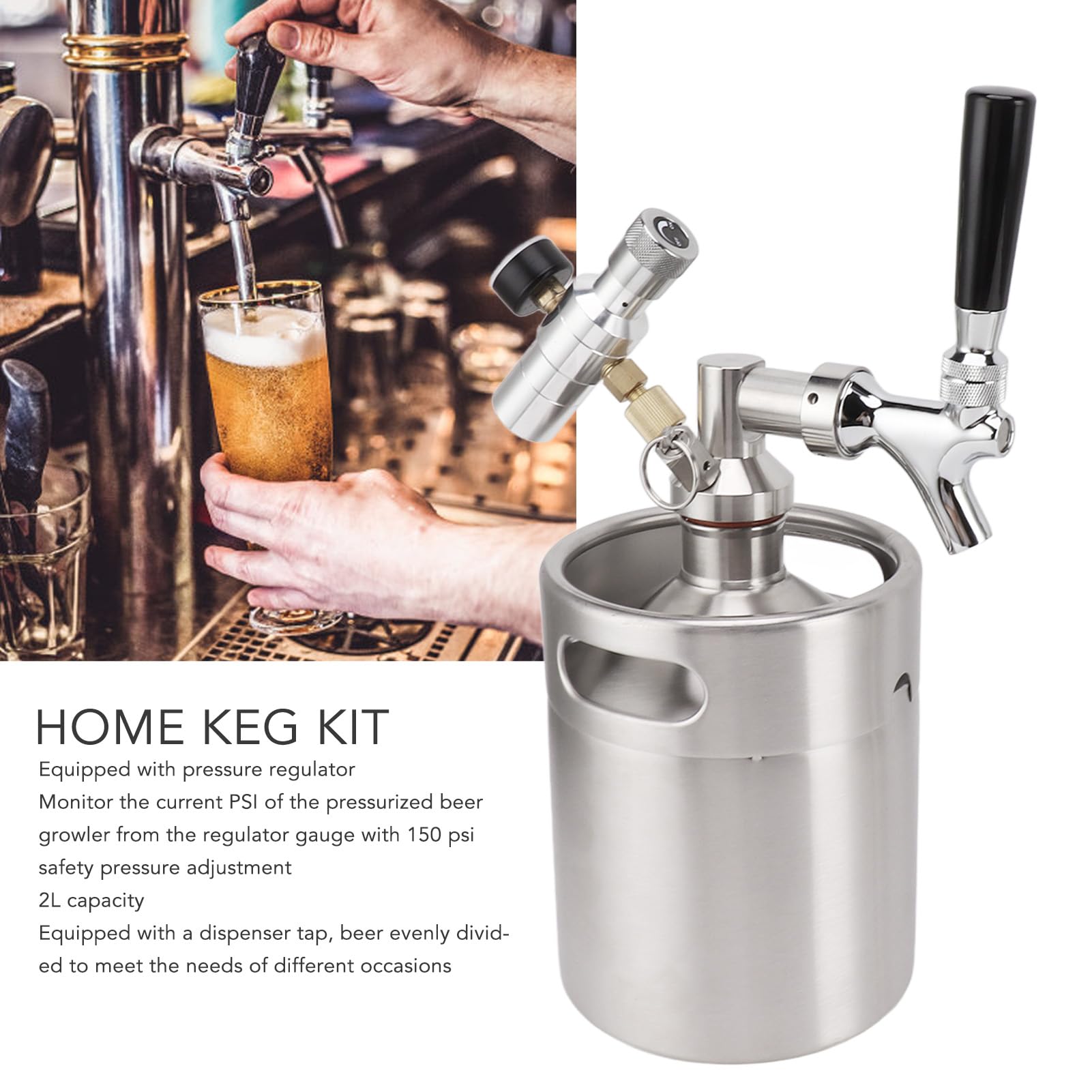 aqxreight Barril Keg 2L 150PSI Portátil Acero Inoxidable De Cerveza Casera Dispensador Presurizado para Cerveza Artesanal Y Bebidas