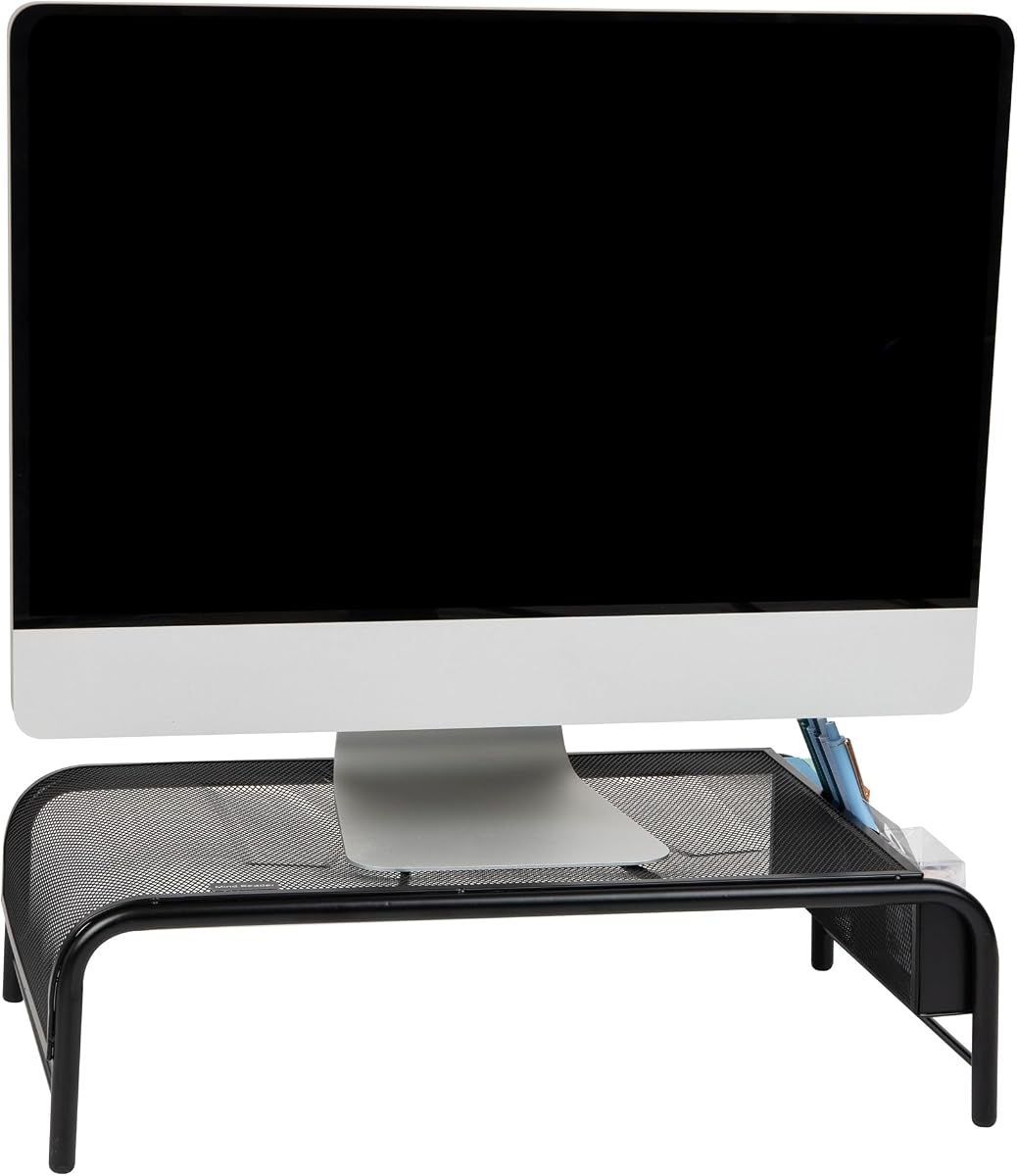 Monitor Stand, Ventilated Laptop Riser, Desktop Organizer, Side Storage, Metal Mesh, 20"L x 11.5"W x 5.5"H, Black