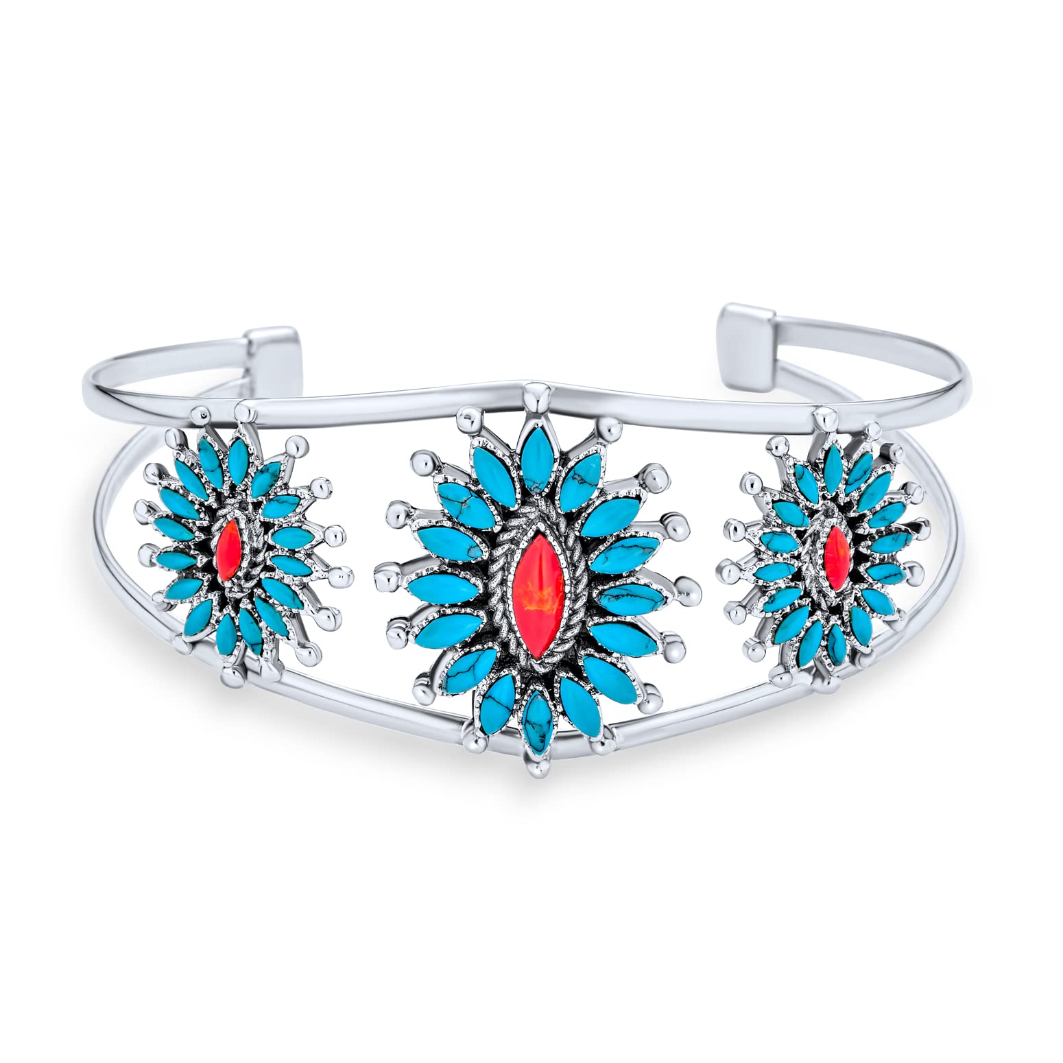 Personalize South Western Navajo Style Red Orange Coral Turquoise Zuni Needlepoint Jewelry Cluster Flower Blossom Statement Necklace or Wide Cuff Bracelet For Women .925 Sterling Silver Customizable