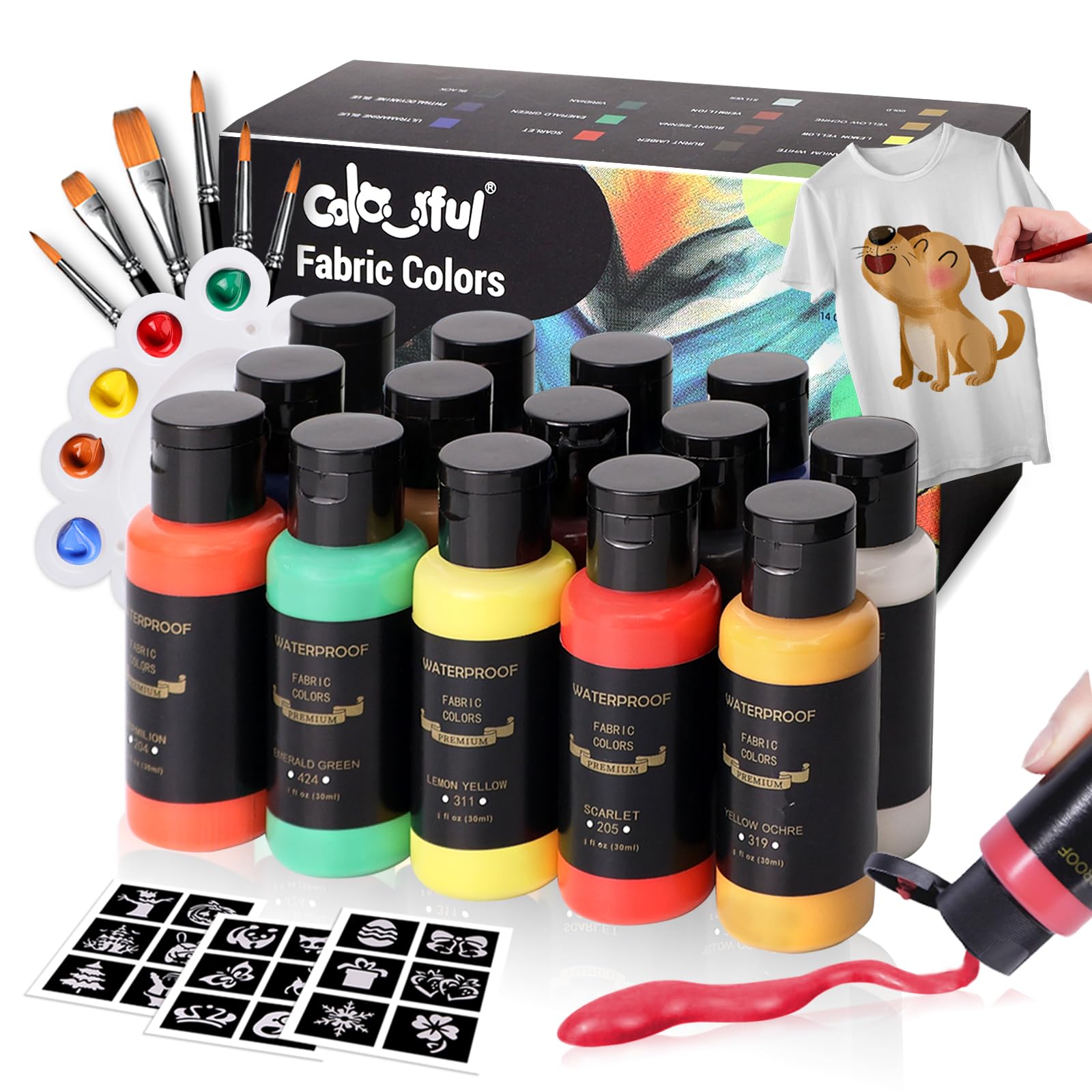 Colorful Fabric Paint Set for Clothes 14 Colors -30ml Permanent Textile Paint Puffy Paint Kit for Shoes, Canvas - Non-Toxic Slick Painting Set for Adults, Beginner & Artists