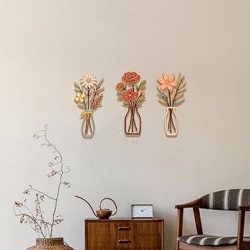 JolyWell 3 Pcs Metal Vase Wall Arts Rustic Farmhouse Decor Metal flowers Wall Decor metal wall art for Living room outdoor Bathroom Kitchen Dining Room Bedroom Minimalist Decor
