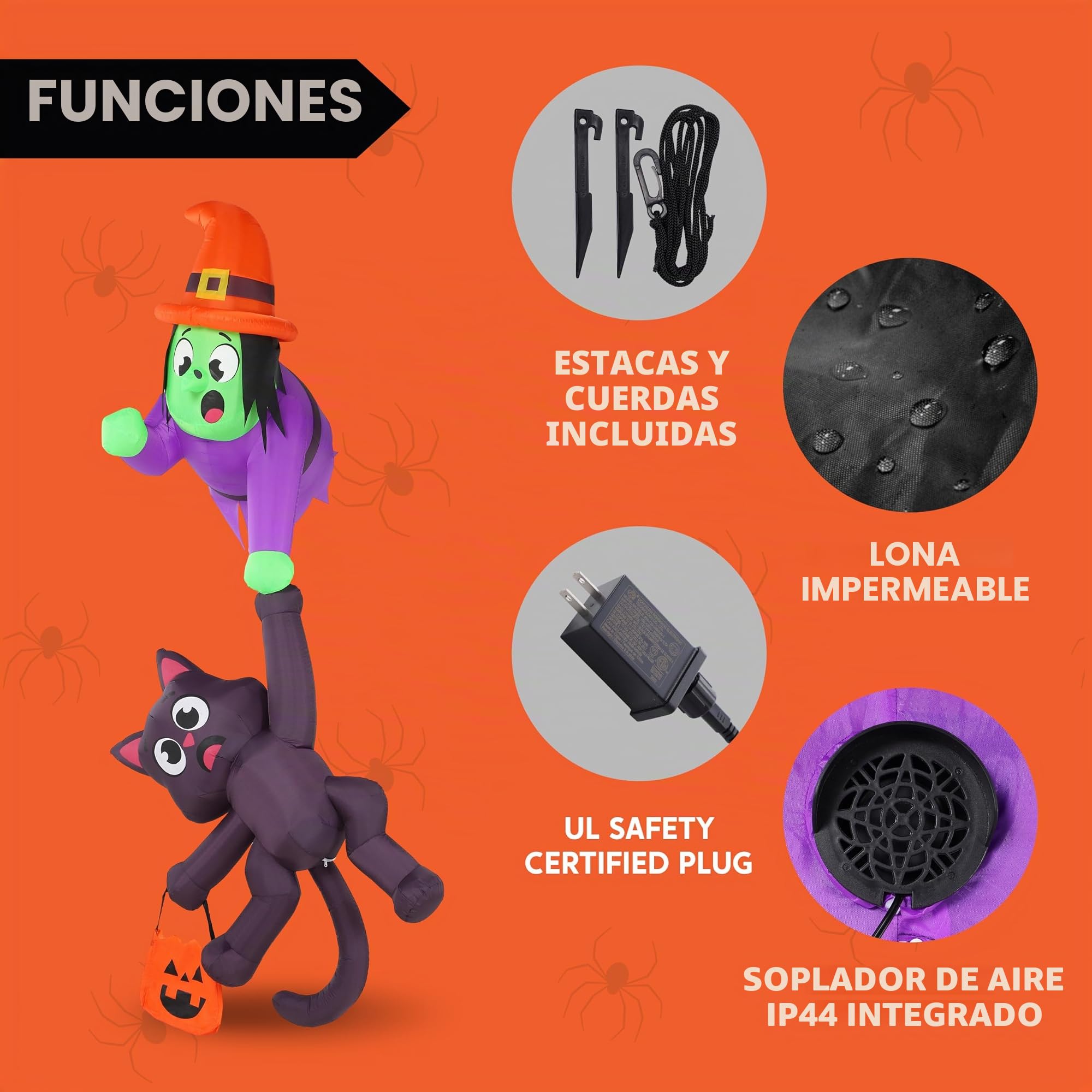 JOYIN Decoración inflable de techo de Halloween de 2,44 m de altura, bruja y gato negro, decoración inflable con luces LED, artículos gigantes inflables de Halloween para exteriores, patio