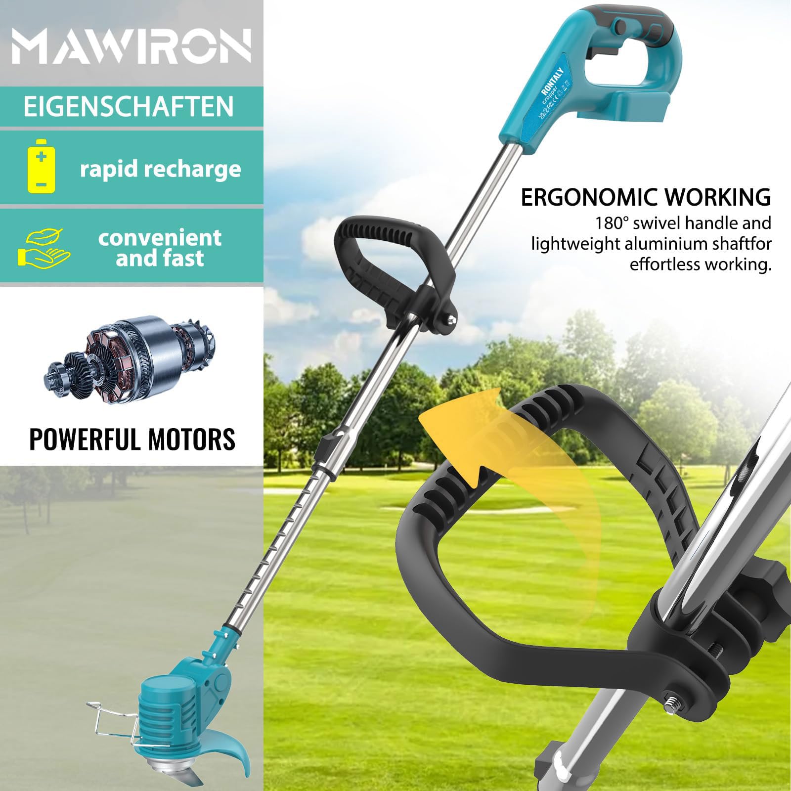 Cortadora de césped inalámbrica y cortacésped de empuje, 2 baterías y 3 cuchillas, 6000 rpm, mango ajustable para limpieza de malas hierbas de jardín