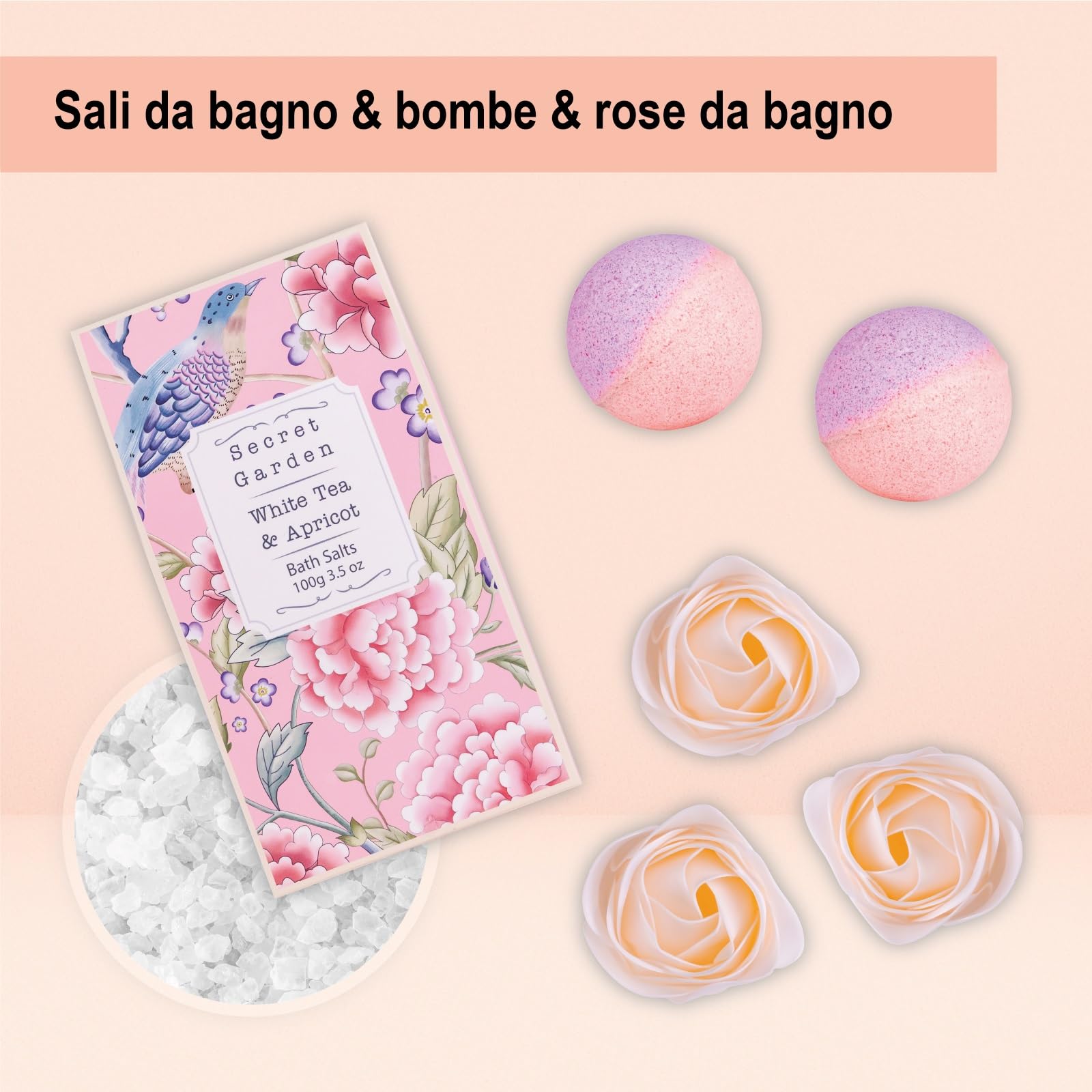 Accentra Set regalo SECRET GARDEN, set bagno donna con 240 ml gel doccia e 240 ml bagnoschiuma, cofanetto regalo bagno donna in scatola di legno bianca con manico, idea regalo cura corpo per lei