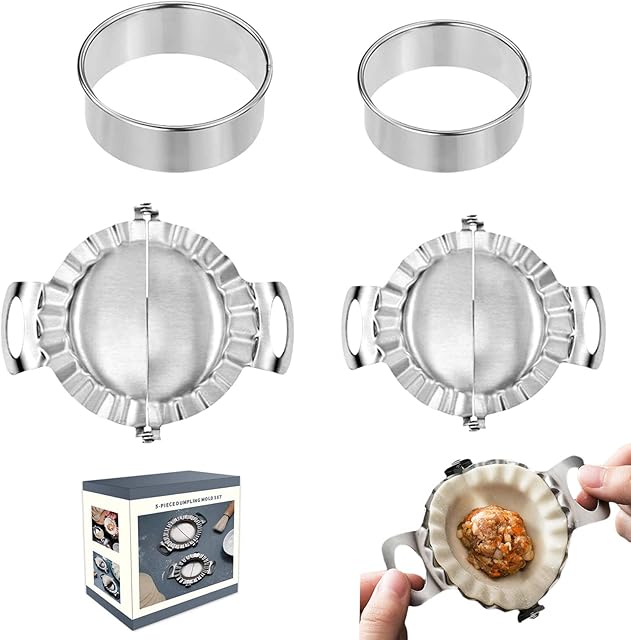 VEGCOO 4 Pcs Dumplings Maker Set, Dumpling Mold and Ravioli Skin Press Cutter, Press Pie Dumpling Mould Dough Press Cutter Stainless Steel Kitchen Tools
