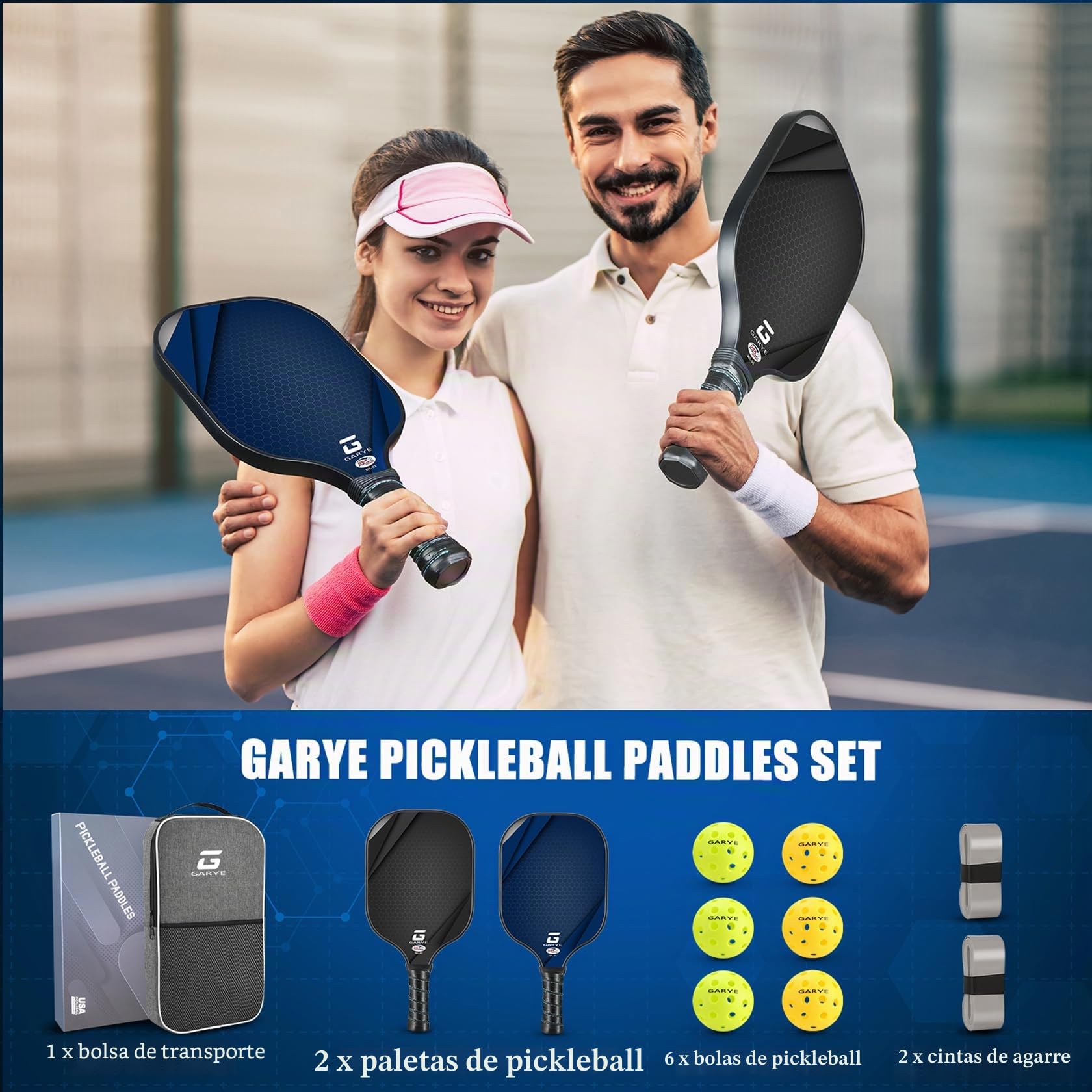 GARYE Juego de 2 palas de pickleball, juego de pickleball de fibra de carbono aprobadas por USAPA, raquetas ligeras de pepinillo, paquete de 2 con 6 bolas, 1 bolsa, par de cintas de agarre, pala de