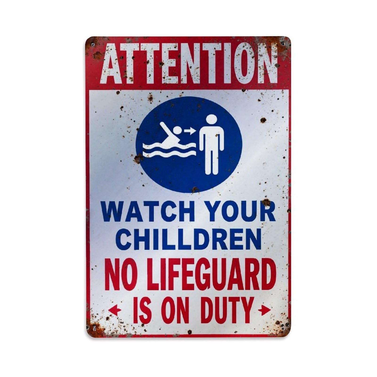 Attention Watch Children No Lifeguard Vintage Tin Sign Retro Metal Wall Decor Metal Poster, Home Bar Garage Farmhouse Cafe Wall Art Decoration 8x12Inches