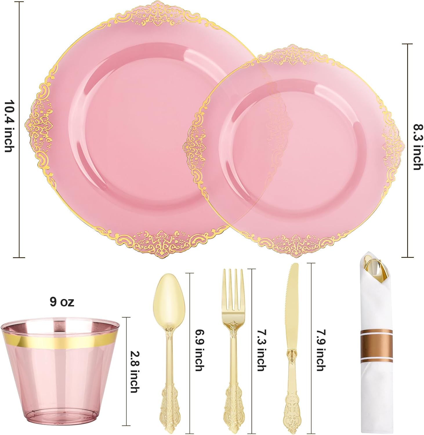 350 PCS Burgundy and Gold Plastic Plates, Disposable Dinnerware Set for 50 Guests, 100 Disposable Plates, 150 Silverwares, 50 Cups, 50 Napkins for Wedding, Party, Graduation - Image 2