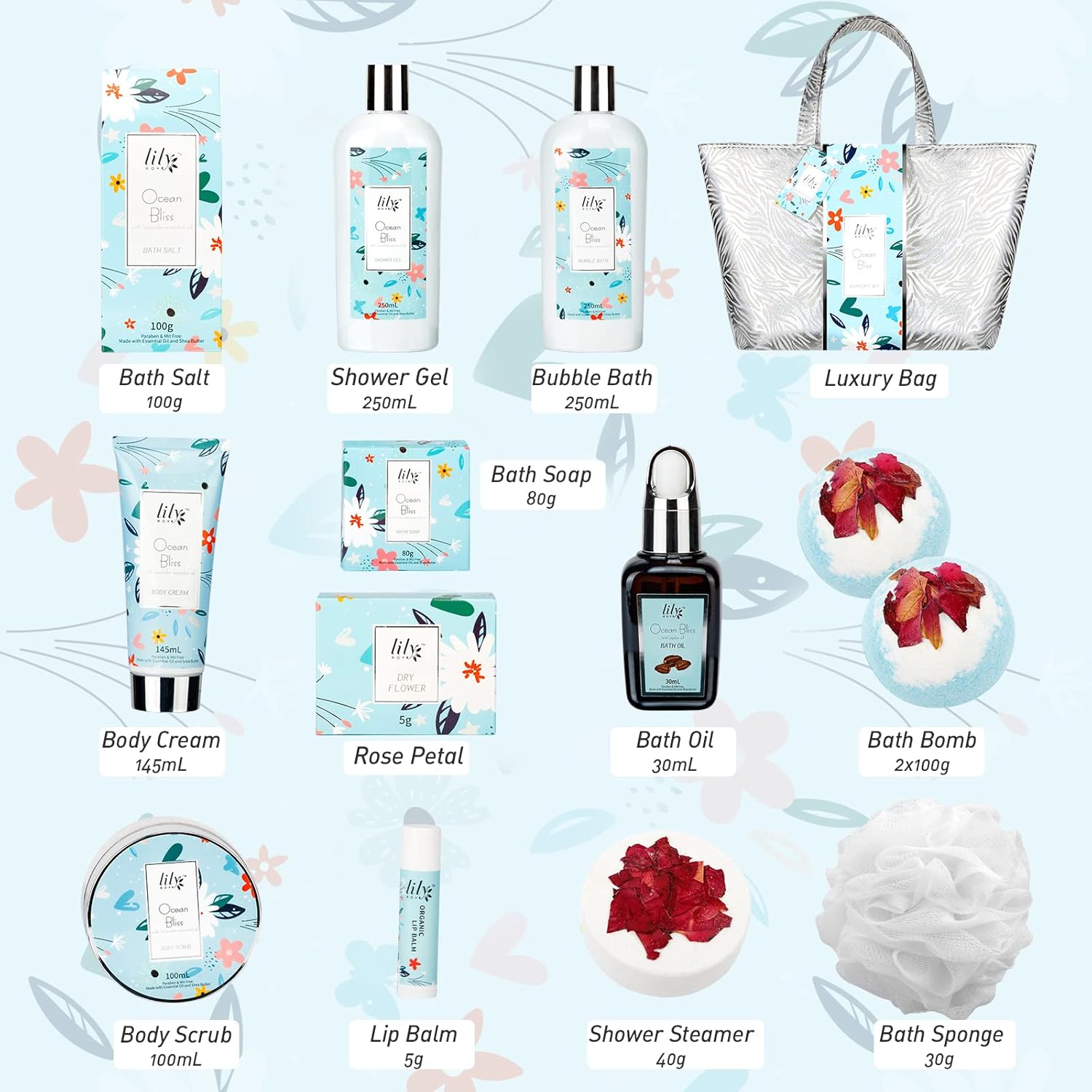 Spa Gifts for Women, Ocean Bliss Gift Basket for Women, Birthday Gifts for Women 14Pcs with Shower Gel, Shower Steamer, Bath Bomb, Rose Petal, Bubble Bath, Silver Luxury Bag, Gifts for Her… : Everything Else