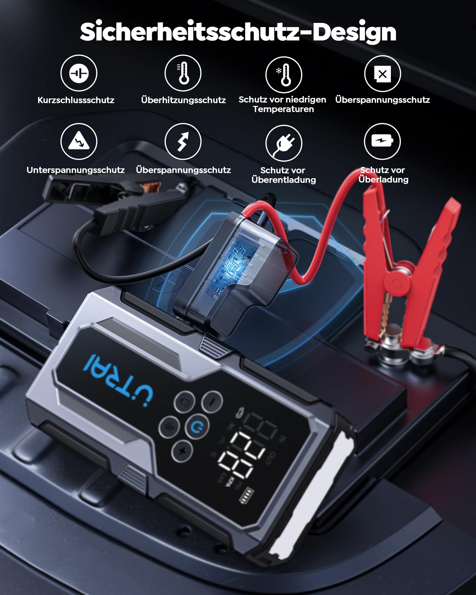 UTRAI Starthilfe Powerbank für Pkw 4500A, 15000mAh Booster Auto Starthilfe mit Kompressor, 18W Schnellladung, Taschenlampe, Zwangsstart, Jump Starter Bis zu 8.5L Benzin, 6.5L Dieselmotor