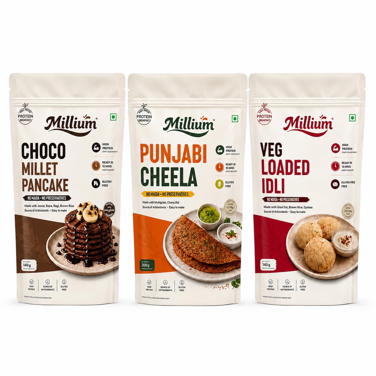 Millium High Protein Breakfast Pack of 3 | Punjabi Cheela, Veg loaded Idli & Choco Millet Pancakes | | Zero Sugar | No Preservatives | Sprouted Millet Based | Healthy & Delicious | Ready to cook Breakfast Premix-image-10