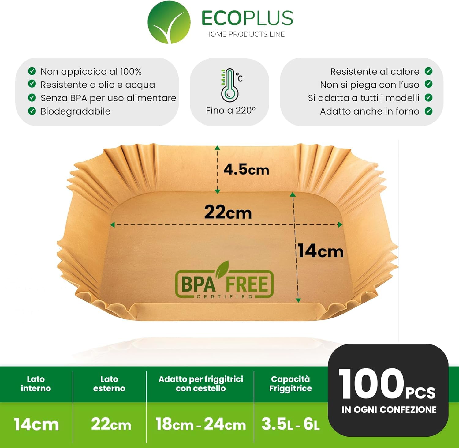 Carta Forno per Friggitrice ad Aria Rettangolare 22x14 cm – BPA Free, Antiaderente, Impermeabile e Resistente al Calore – Carta Pergamena Naturale per Air Fryer, Forno e Microonde