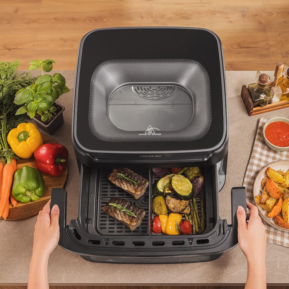 Cecotec Bezolejowa frytkownica powietrzna - Air Fryer 10L Cecofry Advance 10000 Full Vision. 2200W, ścianka działowa, 12 menu, okno przednie, żelazko do pizzy, Temp 40-200ºC, uchwyt na zimno dotyk